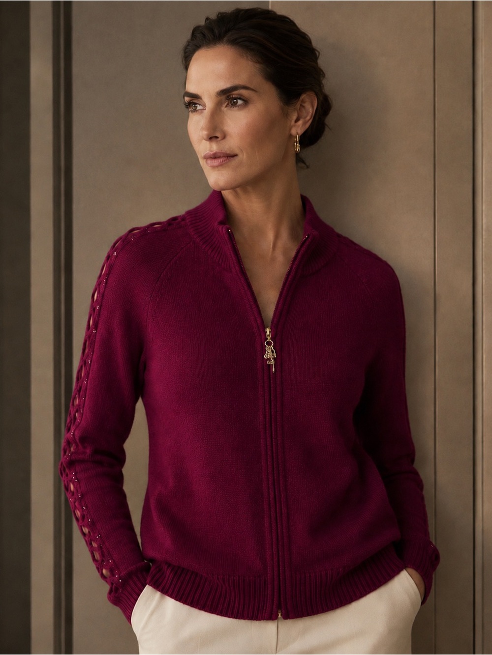 St. John Sport Cashmere Raspberry Rhinestone Charm Zip Cardigan M